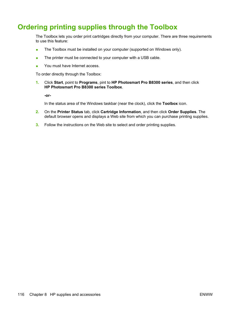 Ordering printing supplies through the toolbox | HP Photosmart Pro B8353 Printer User Manual | Page 126 / 154