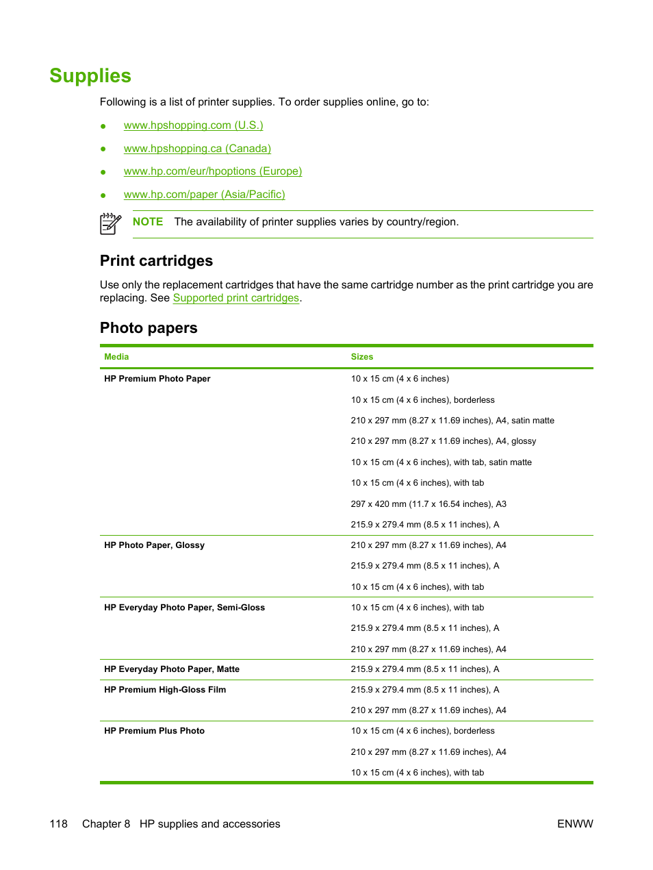 Supplies, Print cartridges, Photo papers | Print cartridges photo papers | HP Photosmart Pro B8353 Printer User Manual | Page 128 / 154