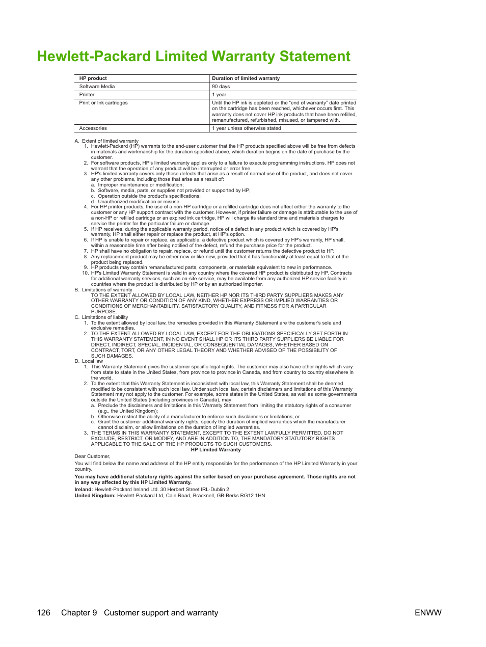 Hewlett-packard limited warranty statement, 126 chapter 9 customer support and warranty enww | HP Photosmart Pro B8353 Printer User Manual | Page 136 / 154
