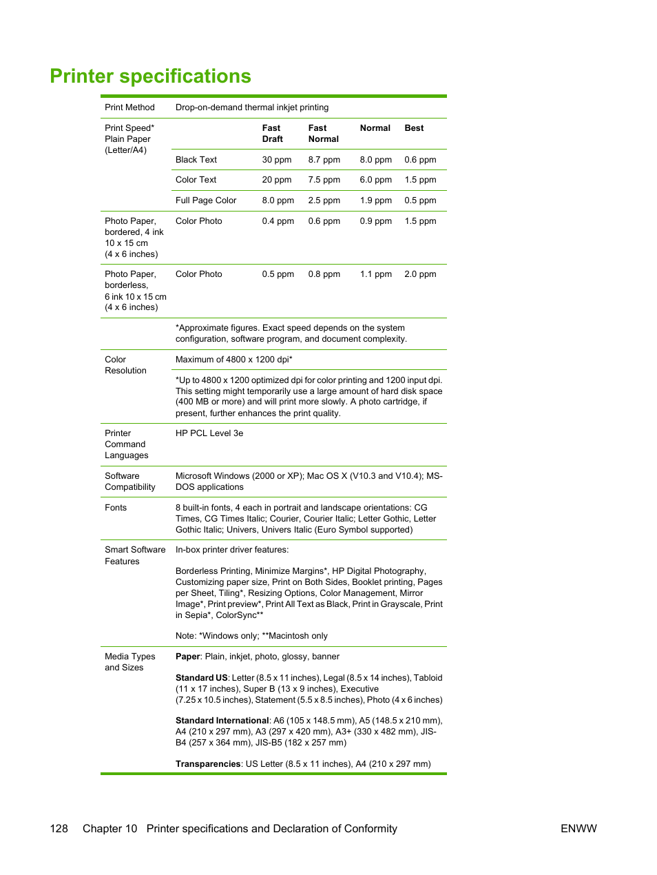 Printer specifications | HP Photosmart Pro B8353 Printer User Manual | Page 138 / 154