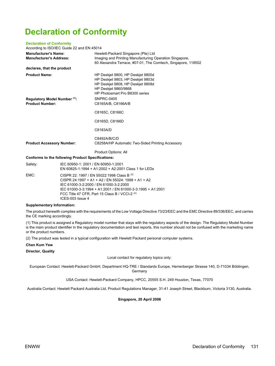 Declaration of conformity, Enww declaration of conformity 131 | HP Photosmart Pro B8353 Printer User Manual | Page 141 / 154