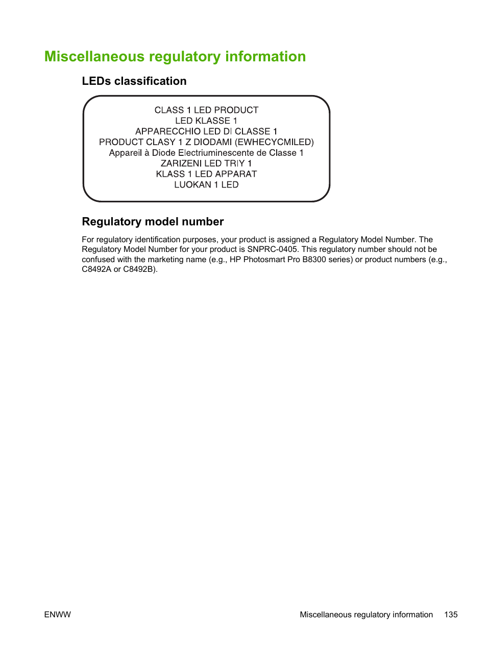 Miscellaneous regulatory information, Leds classification, Regulatory model number | Leds classification regulatory model number | HP Photosmart Pro B8353 Printer User Manual | Page 145 / 154