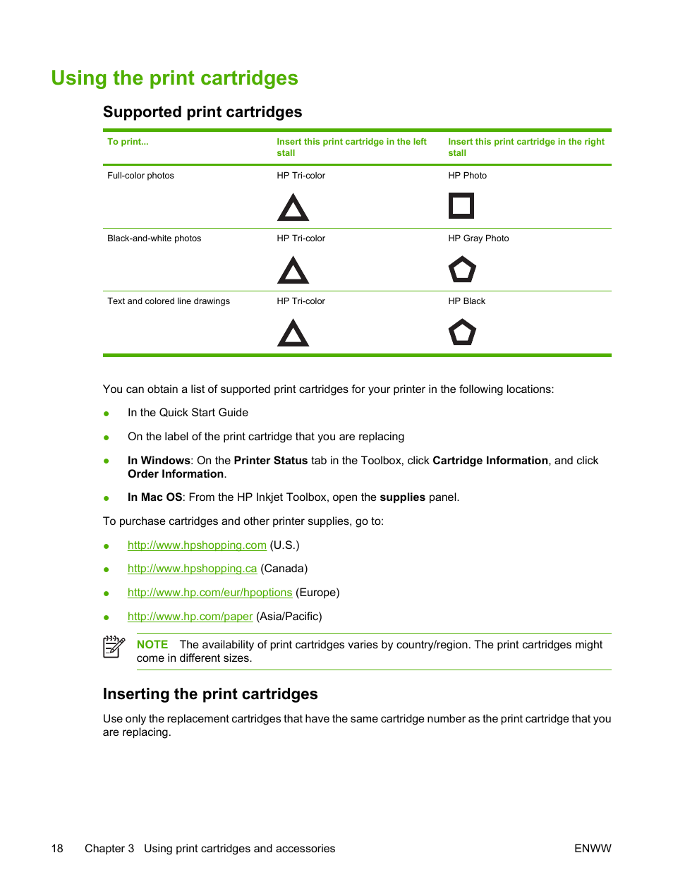 Using the print cartridges, Supported print cartridges, Inserting the print cartridges | HP Photosmart Pro B8353 Printer User Manual | Page 28 / 154