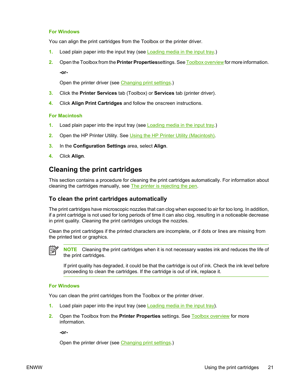 Cleaning the print cartridges, To clean the print cartridges automatically, For windows | HP Photosmart Pro B8353 Printer User Manual | Page 31 / 154