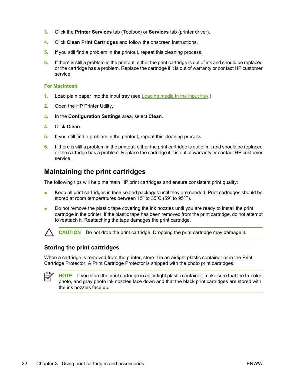 For macintosh, Maintaining the print cartridges, Storing the print cartridges | HP Photosmart Pro B8353 Printer User Manual | Page 32 / 154