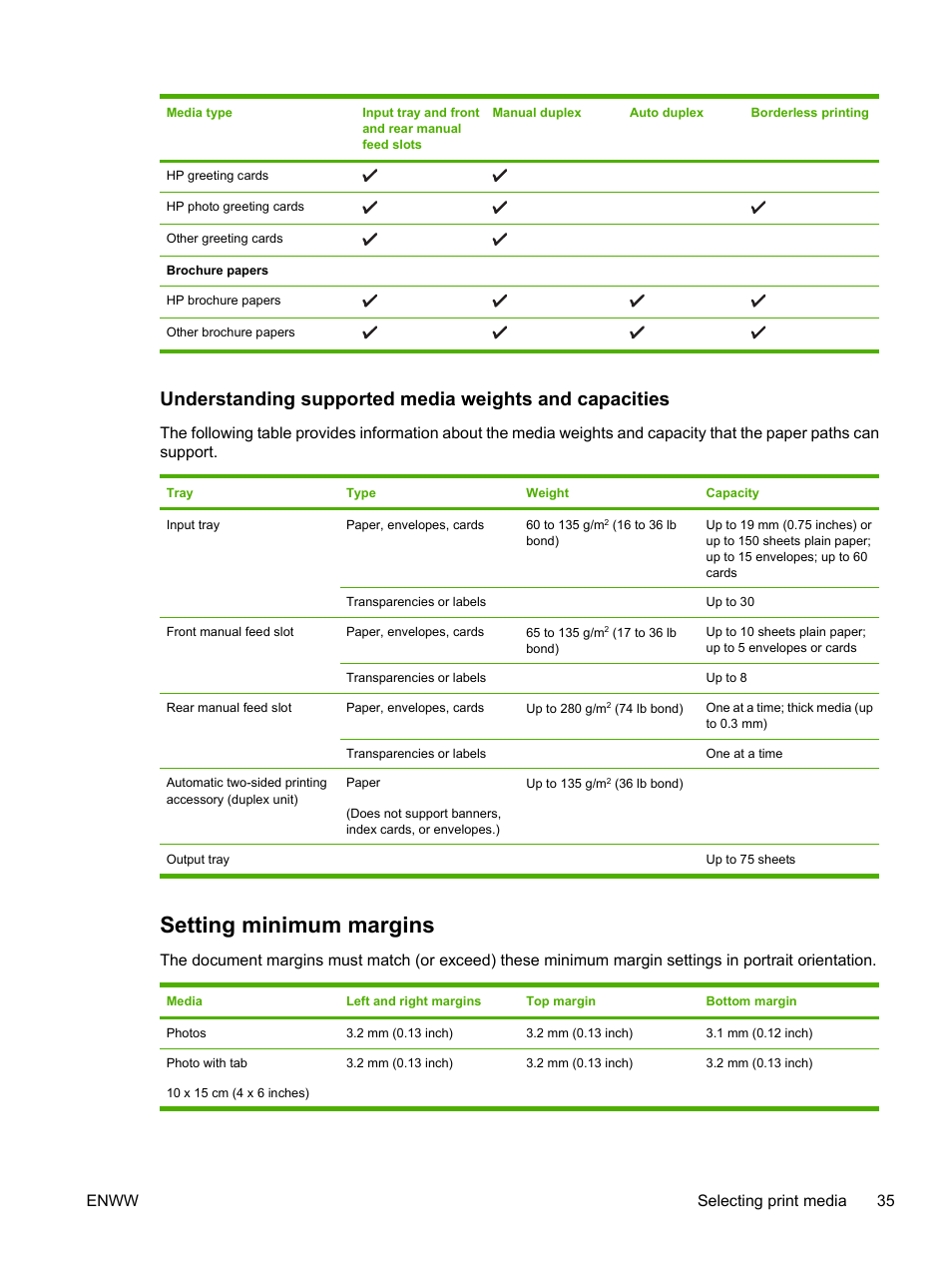 Setting minimum margins, Enww selecting print media 35 | HP Photosmart Pro B8353 Printer User Manual | Page 45 / 154