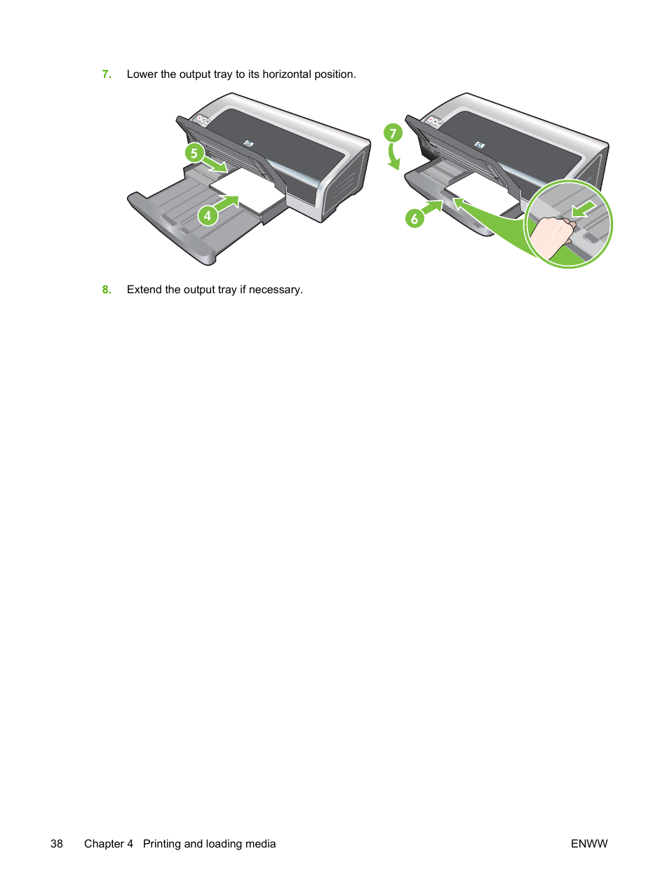 Lower the output tray to its horizontal position | HP Photosmart Pro B8353 Printer User Manual | Page 48 / 154