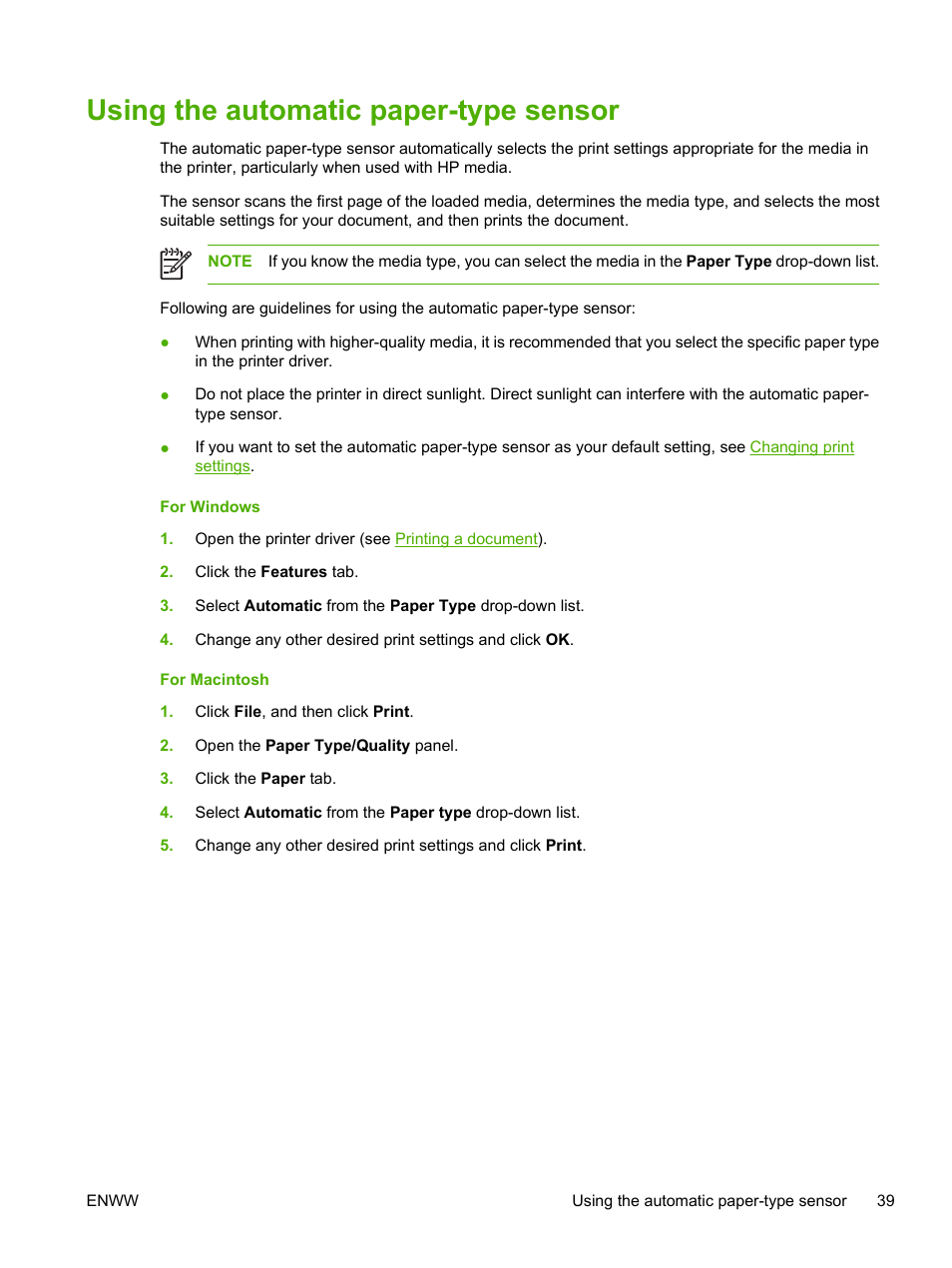 Using the automatic paper-type sensor | HP Photosmart Pro B8353 Printer User Manual | Page 49 / 154