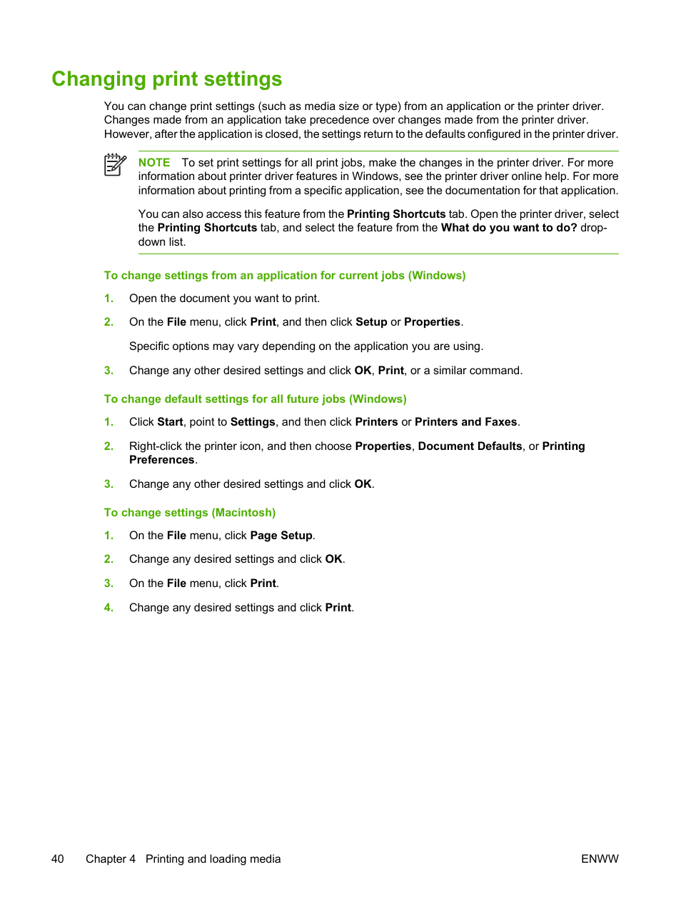 Changing print settings, Changing print, Settings | HP Photosmart Pro B8353 Printer User Manual | Page 50 / 154