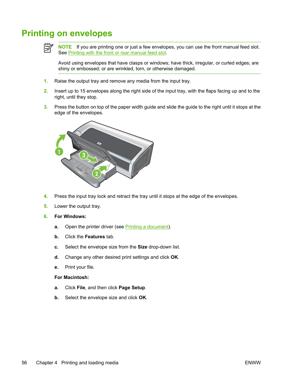 Printing on envelopes, Printing, On envelopes | HP Photosmart Pro B8353 Printer User Manual | Page 66 / 154