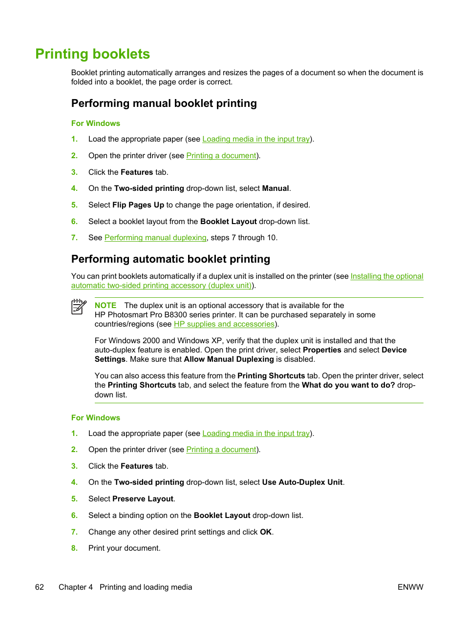 Printing booklets, Performing manual booklet printing, Performing automatic booklet printing | HP Photosmart Pro B8353 Printer User Manual | Page 72 / 154