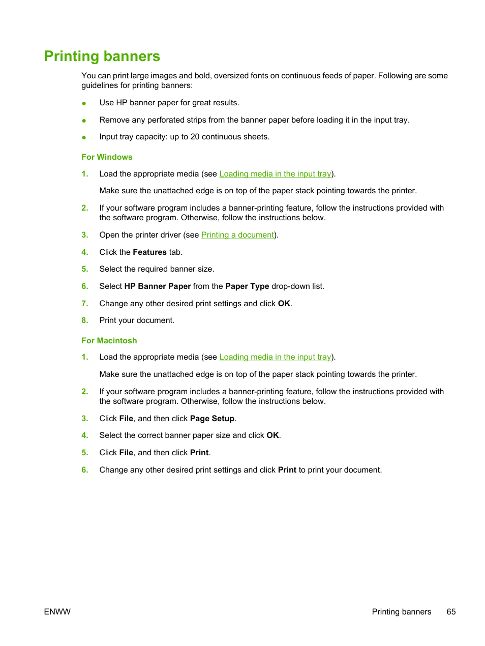 Printing banners | HP Photosmart Pro B8353 Printer User Manual | Page 75 / 154