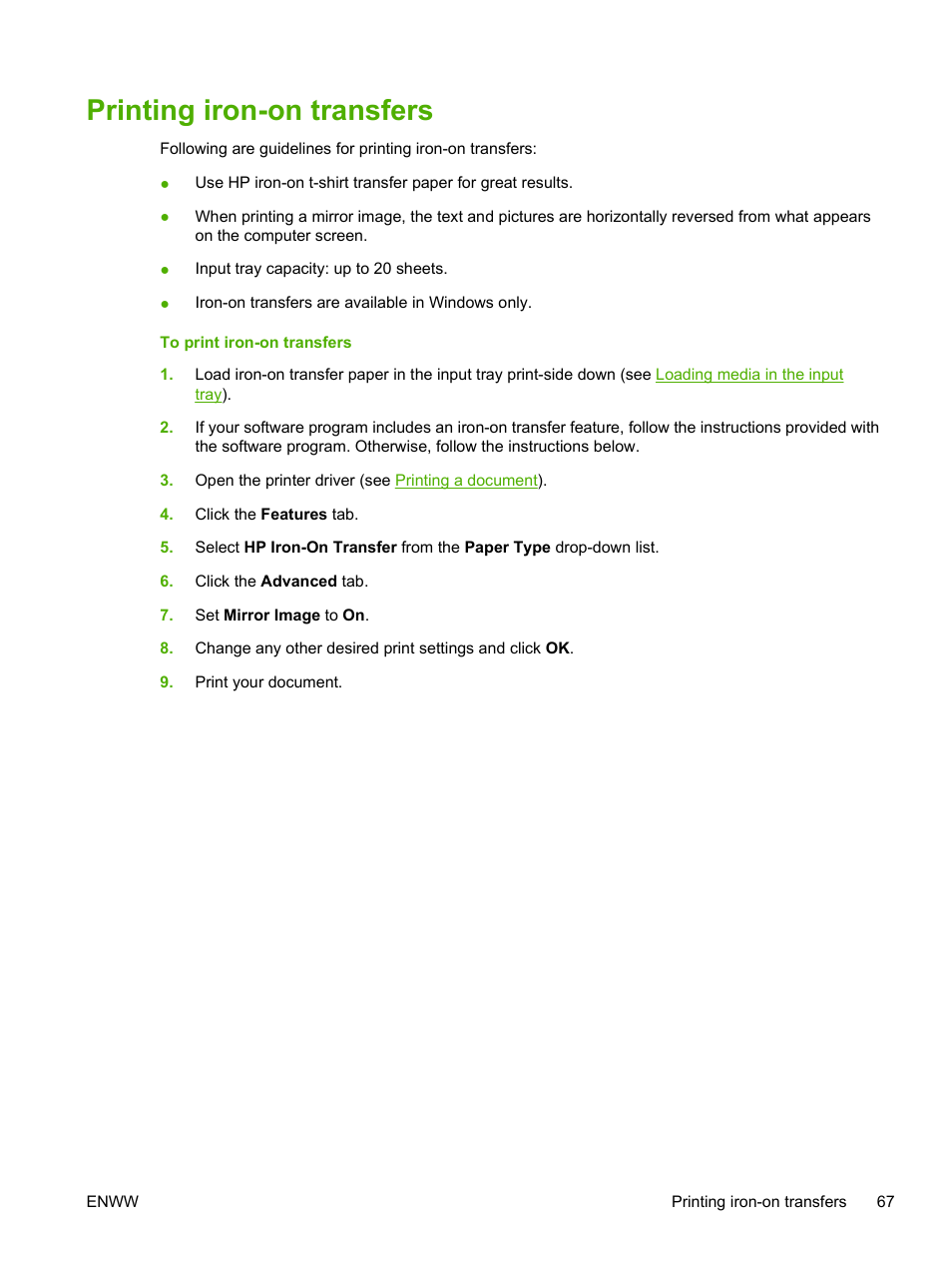 Printing iron-on transfers | HP Photosmart Pro B8353 Printer User Manual | Page 77 / 154