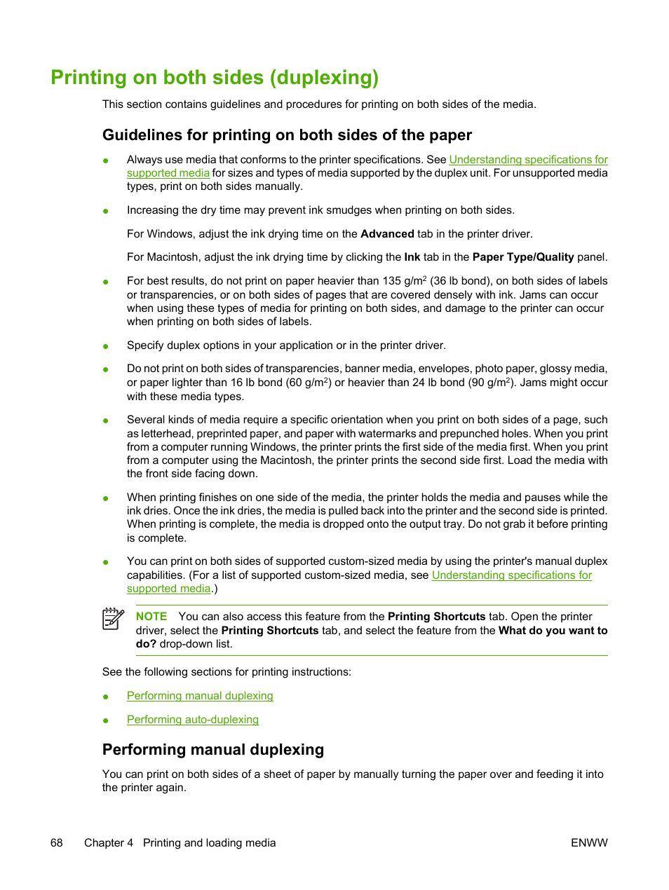 Printing on both sides (duplexing), Guidelines for printing on both sides of the paper, Performing manual duplexing | HP Photosmart Pro B8353 Printer User Manual | Page 78 / 154