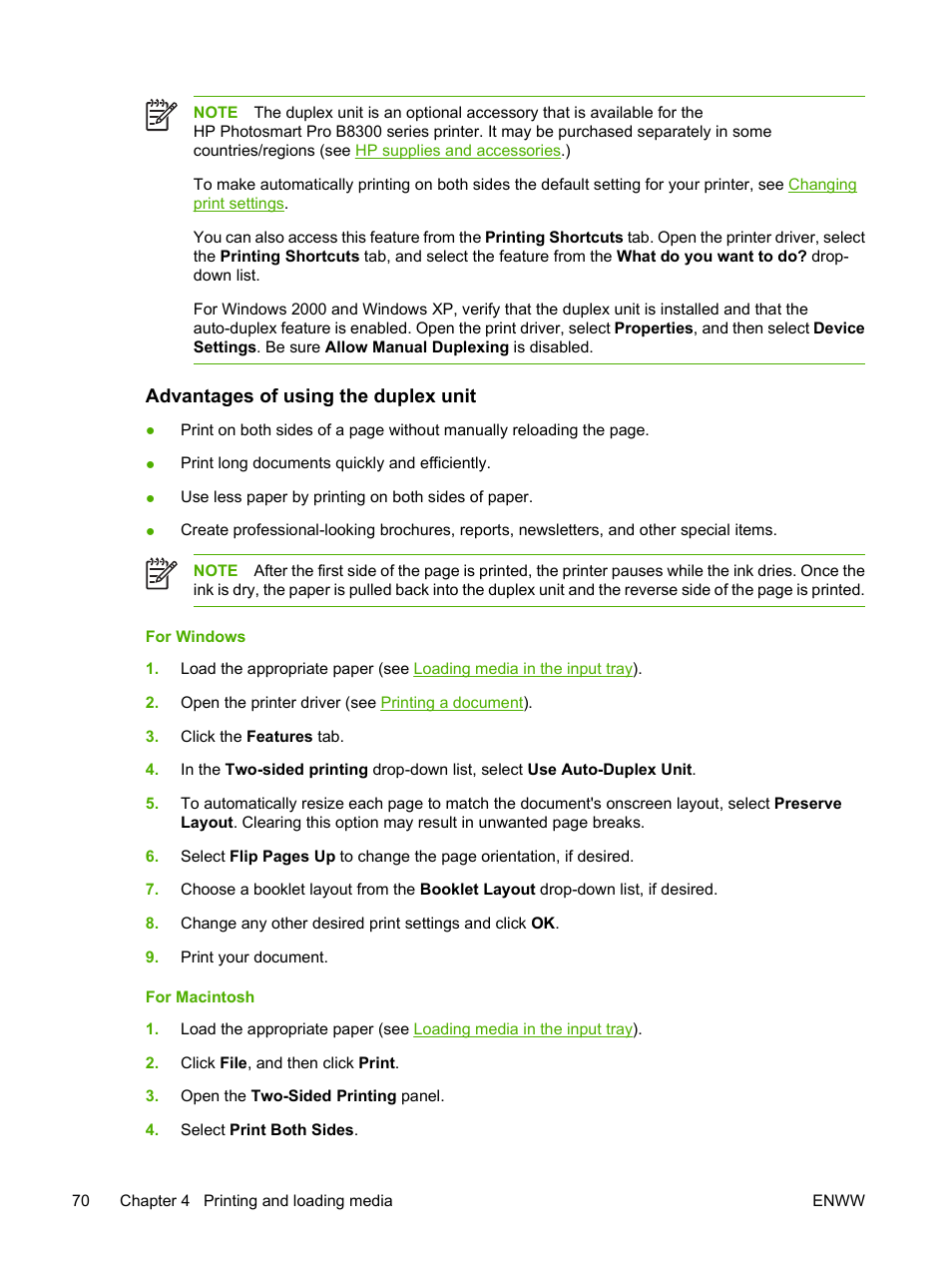 Advantages of using the duplex unit | HP Photosmart Pro B8353 Printer User Manual | Page 80 / 154