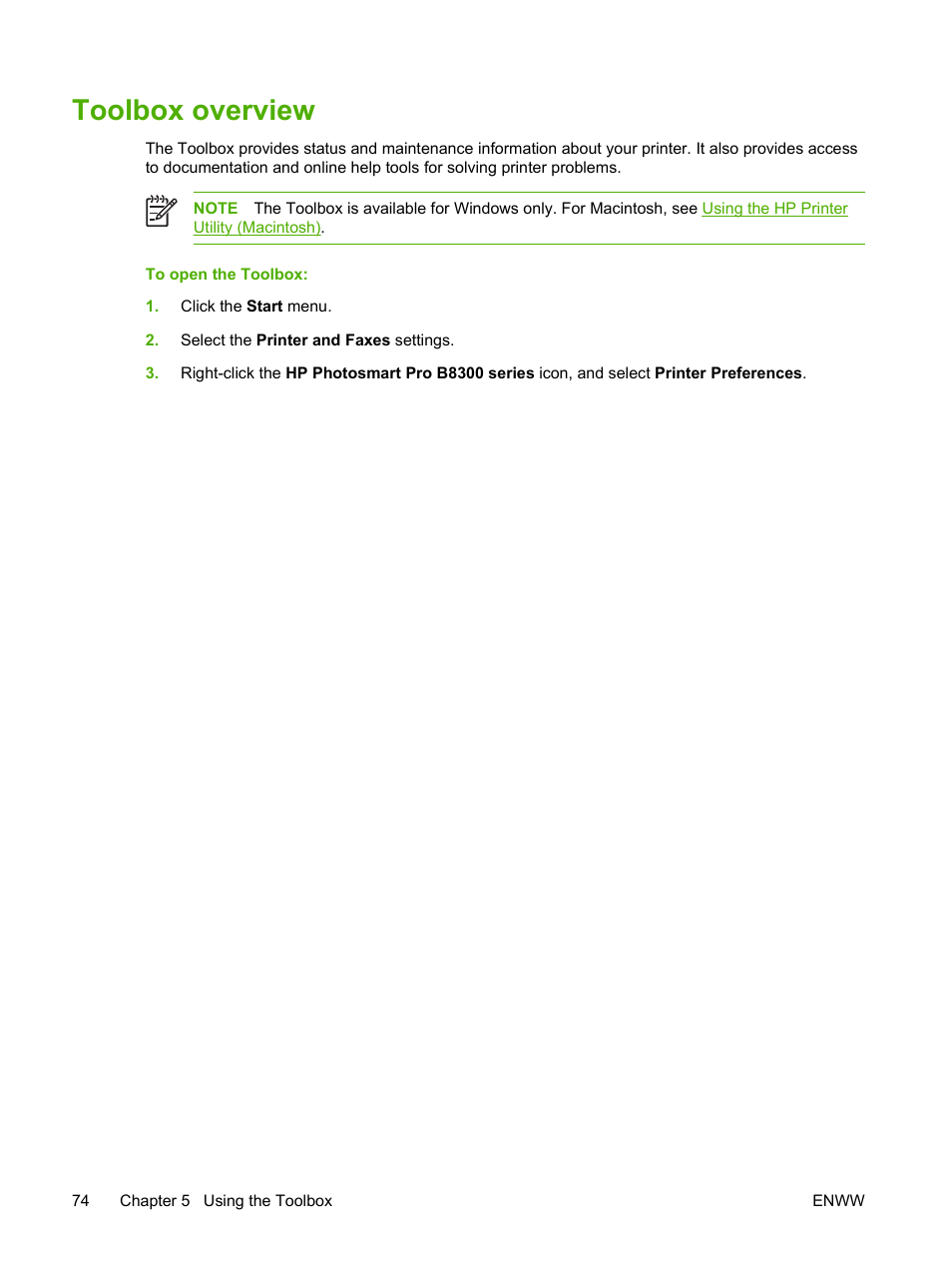 Toolbox overview | HP Photosmart Pro B8353 Printer User Manual | Page 84 / 154