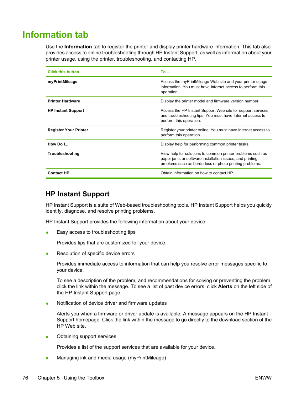 Information tab, Hp instant support | HP Photosmart Pro B8353 Printer User Manual | Page 86 / 154