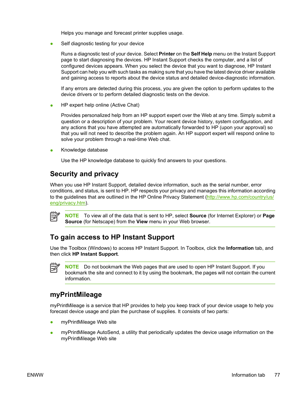 Security and privacy, To gain access to hp instant support, Myprintmileage | HP Photosmart Pro B8353 Printer User Manual | Page 87 / 154