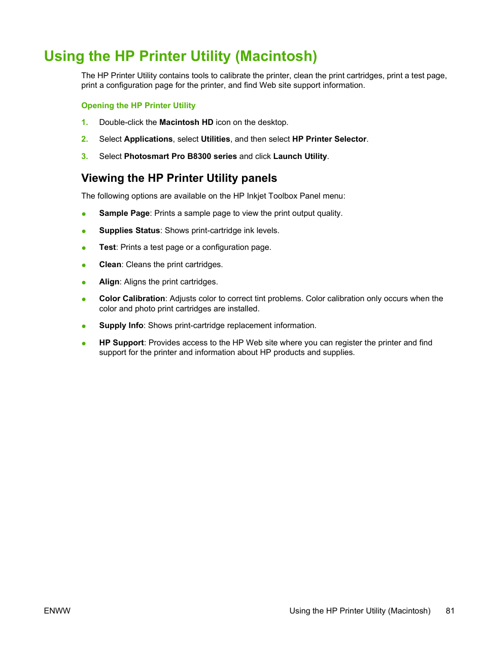 Using the hp printer utility (macintosh), Viewing the hp printer utility panels, Using the hp printer utility | Macintosh) | HP Photosmart Pro B8353 Printer User Manual | Page 91 / 154