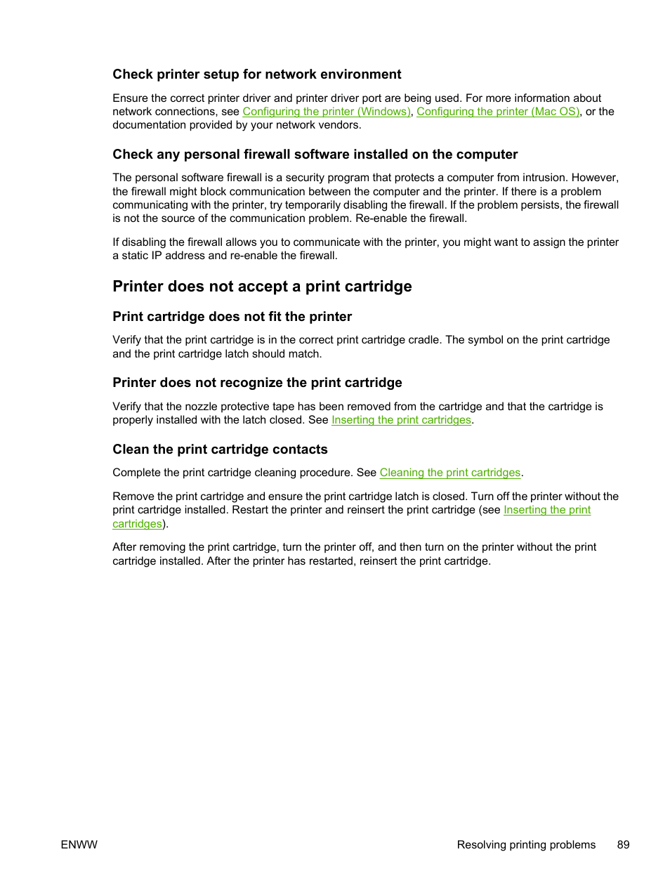 Check printer setup for network environment, Printer does not accept a print cartridge, Print cartridge does not fit the printer | Printer does not recognize the print cartridge, Clean the print cartridge contacts | HP Photosmart Pro B8353 Printer User Manual | Page 99 / 154