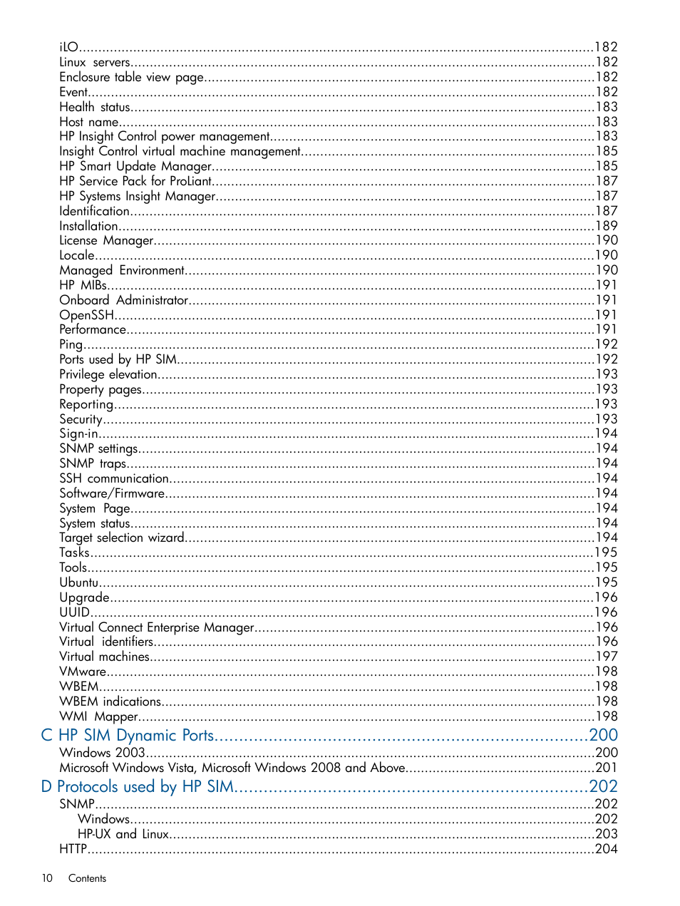 C hp sim dynamic ports, D protocols used by hp sim | HP Systems Insight Manager User Manual | Page 10 / 254