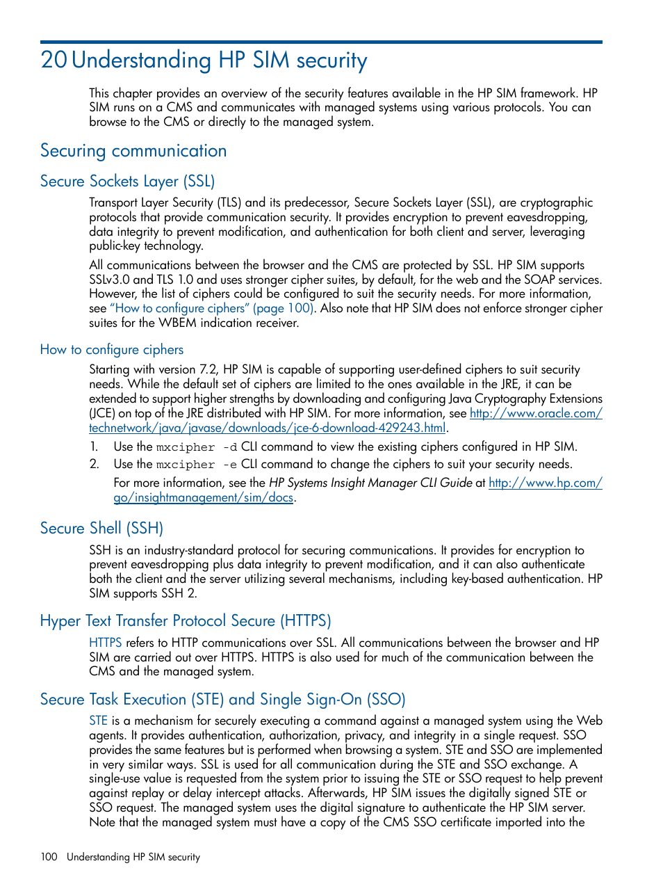 20 understanding hp sim security, Securing communication, Secure sockets layer (ssl) | How to configure ciphers, Secure shell (ssh), Hyper text transfer protocol secure (https) | HP Systems Insight Manager User Manual | Page 100 / 254