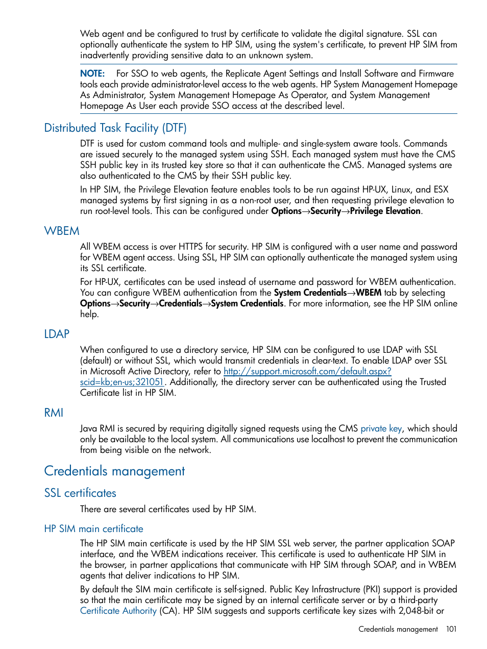 Distributed task facility (dtf), Wbem, Ldap | Credentials management, Ssl certificates, Hp sim main certificate, Distributed task facility (dtf) wbem ldap rmi | HP Systems Insight Manager User Manual | Page 101 / 254