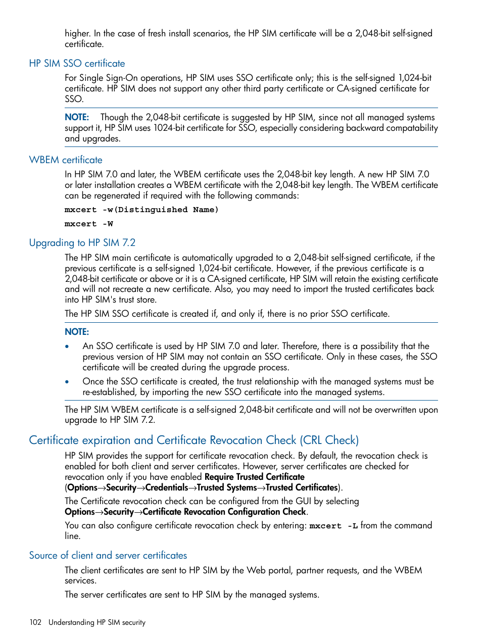 Hp sim sso certificate, Wbem certificate, Upgrading to hp sim 7.2 | Source of client and server certificates | HP Systems Insight Manager User Manual | Page 102 / 254