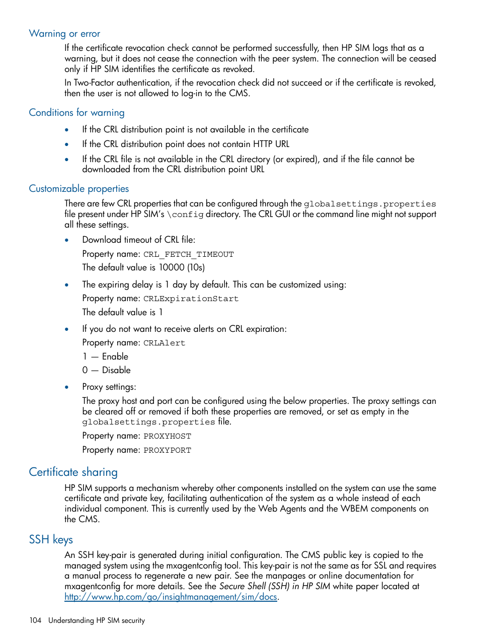 Warning or error, Conditions for warning, Customizable properties | Certificate sharing, Ssh keys, Certificate sharing ssh keys | HP Systems Insight Manager User Manual | Page 104 / 254