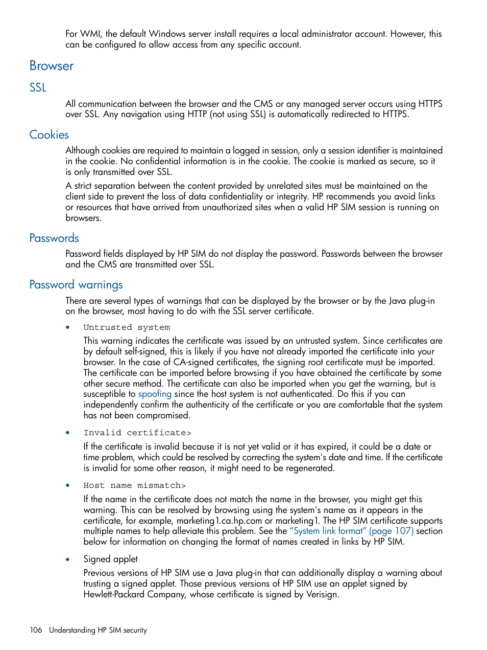 Browser, Cookies, Passwords | Password warnings, Ssl cookies passwords password warnings | HP Systems Insight Manager User Manual | Page 106 / 254