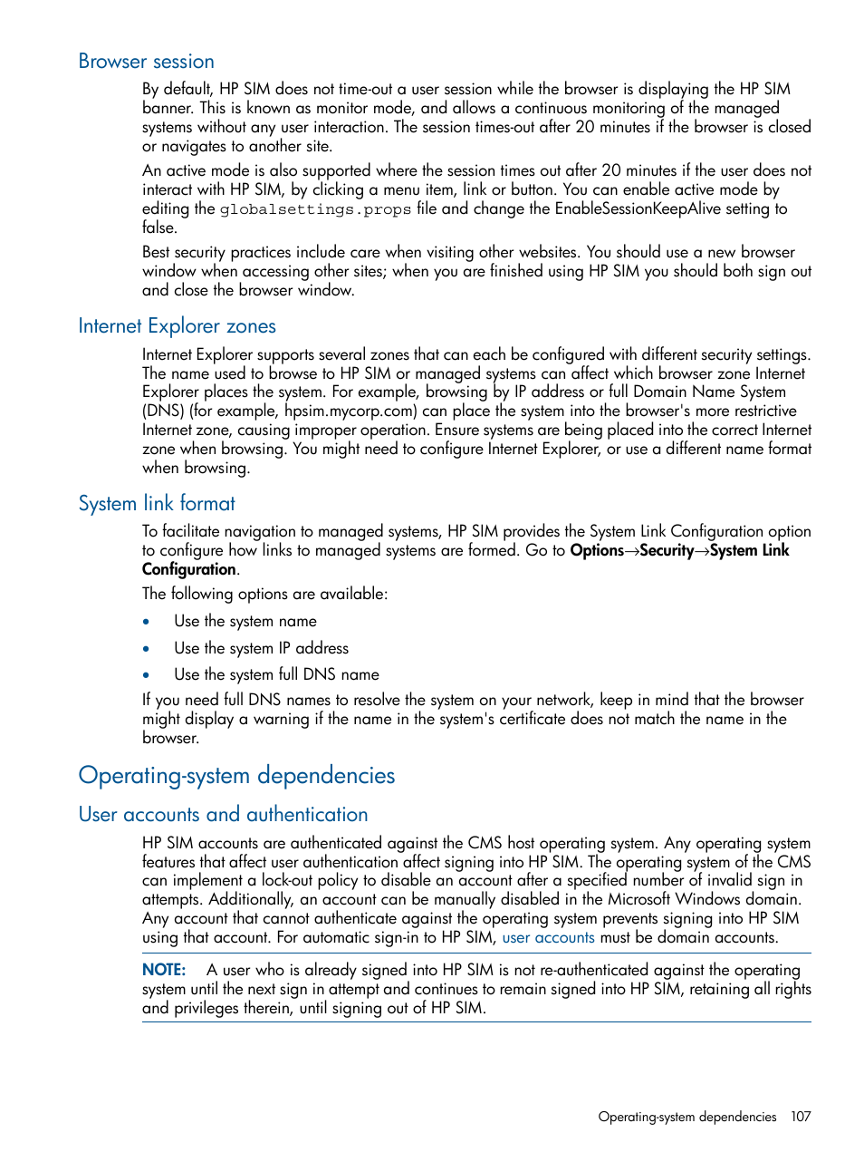 Browser session, Internet explorer zones, System link format | Operating-system dependencies, User accounts and authentication | HP Systems Insight Manager User Manual | Page 107 / 254