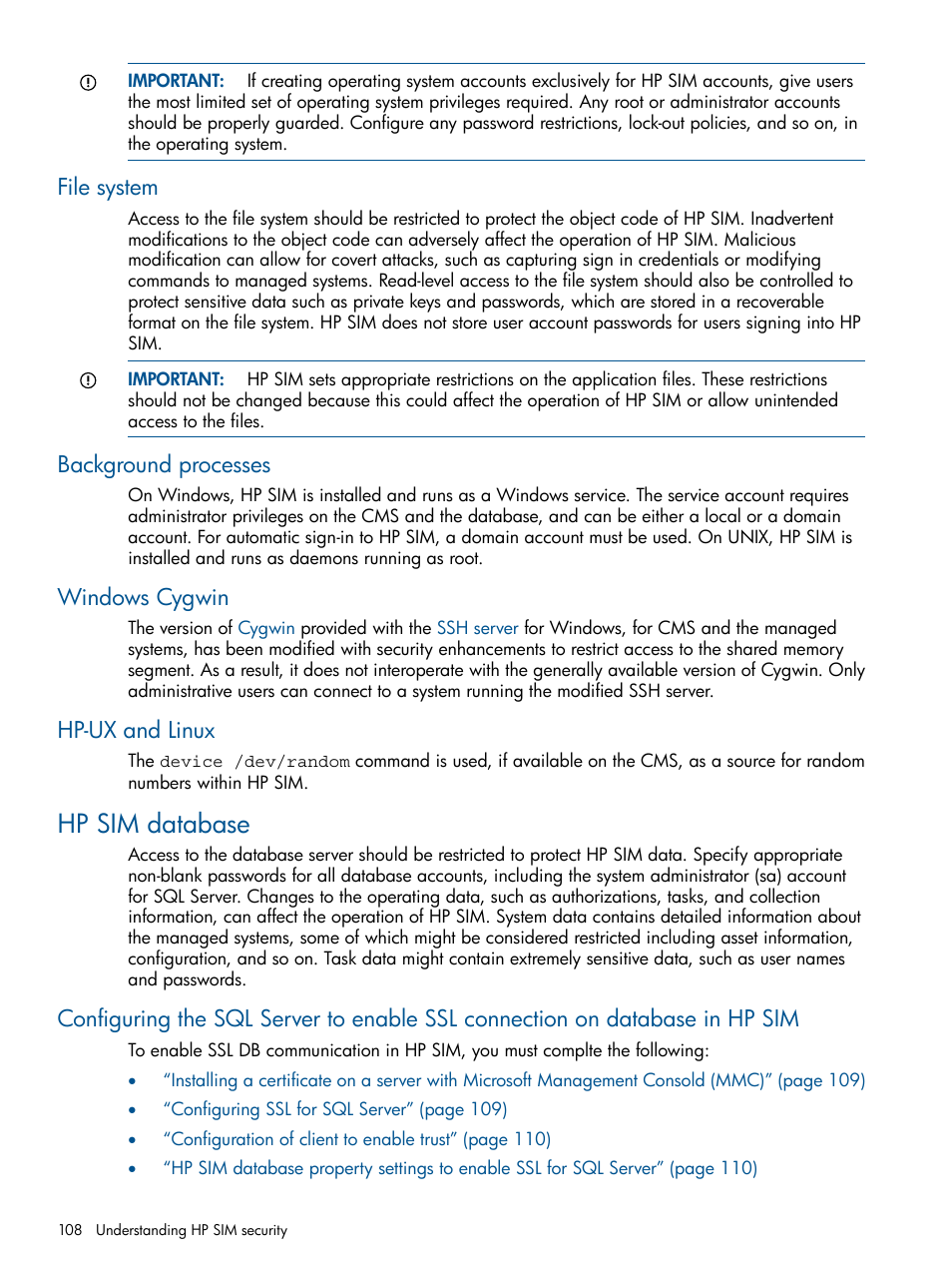 File system, Background processes, Windows cygwin | Hp-ux and linux, Hp sim database | HP Systems Insight Manager User Manual | Page 108 / 254
