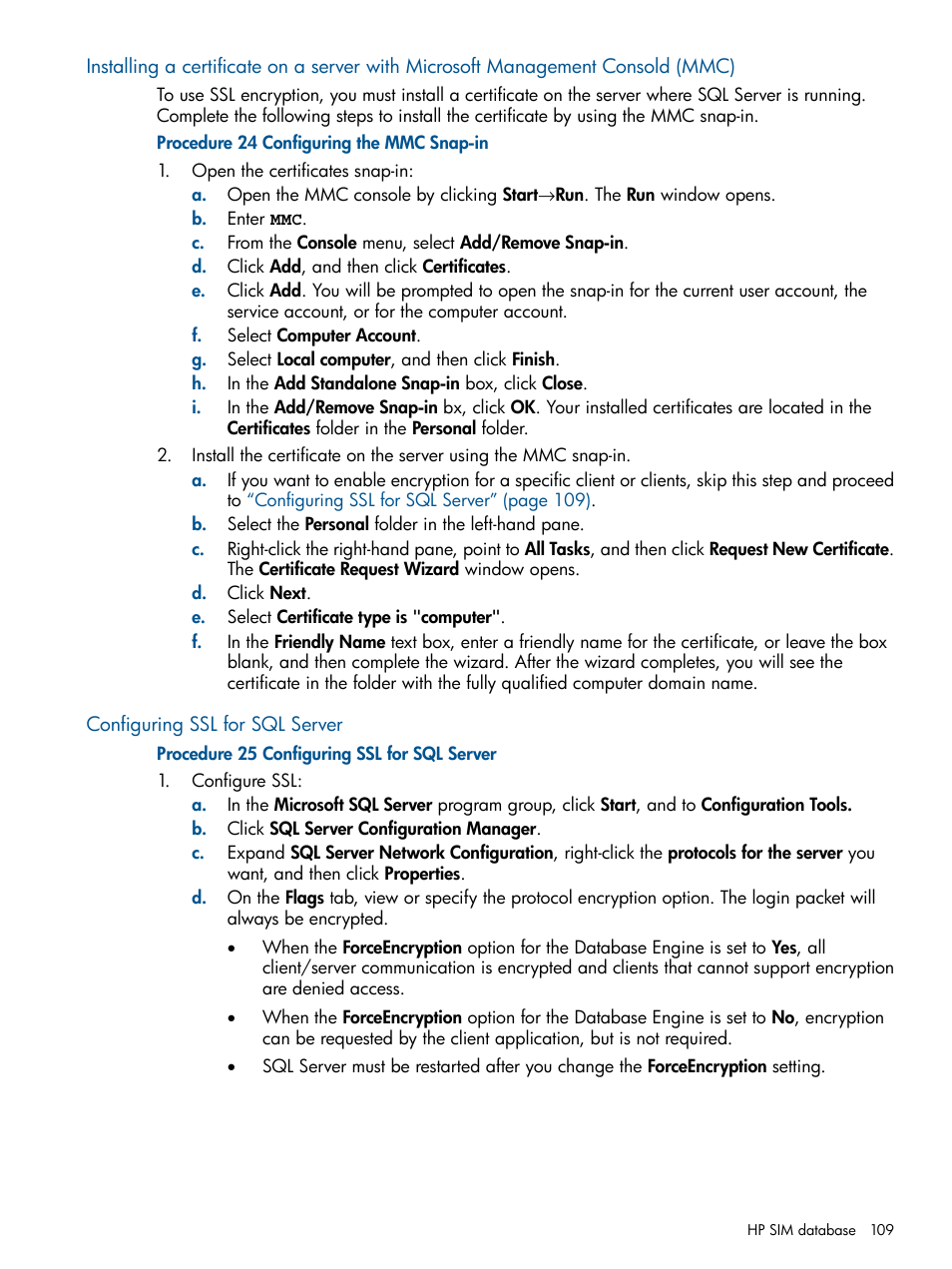 Configuring ssl for sql server | HP Systems Insight Manager User Manual | Page 109 / 254