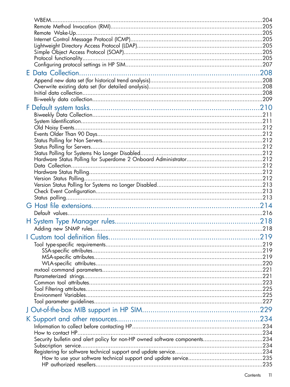 E data collection, F default system tasks, G host file extensions | H system type manager rules, I custom tool definition files | HP Systems Insight Manager User Manual | Page 11 / 254