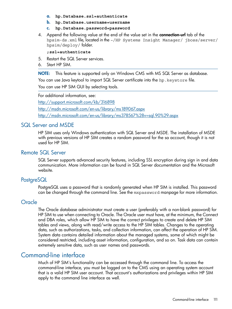 Sql server and msde, Remote sql server, Postgresql | Oracle, Command-line interface | HP Systems Insight Manager User Manual | Page 111 / 254