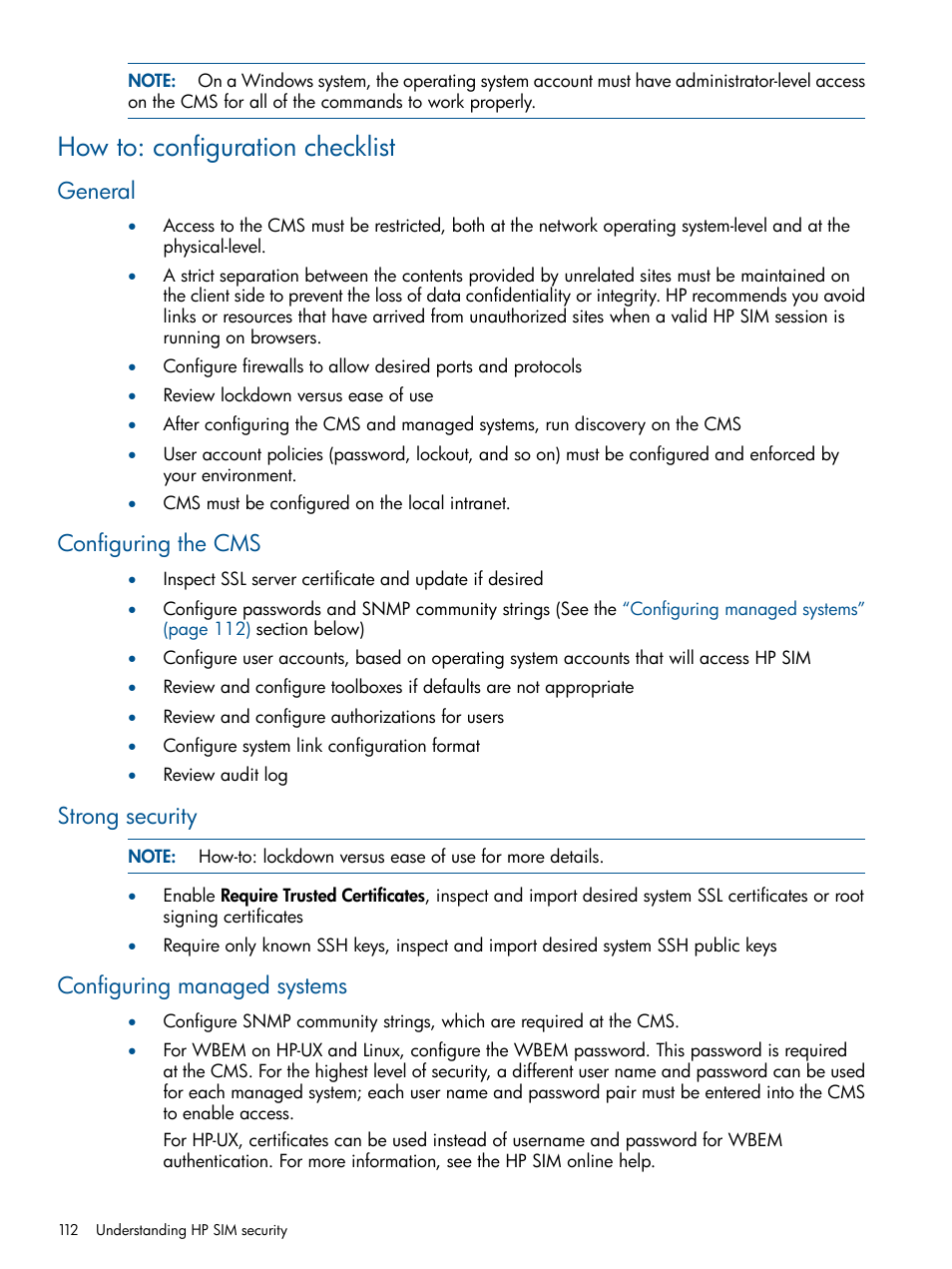 How to: configuration checklist, General, Configuring the cms | Strong security, Configuring managed systems | HP Systems Insight Manager User Manual | Page 112 / 254