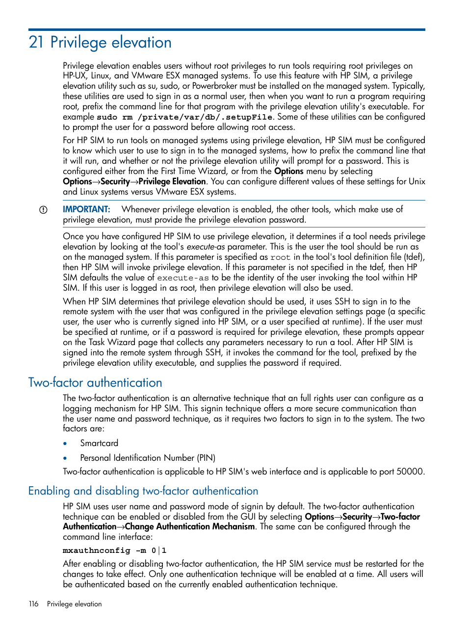 21 privilege elevation, Two-factor authentication, Enabling and disabling two-factor authentication | HP Systems Insight Manager User Manual | Page 116 / 254