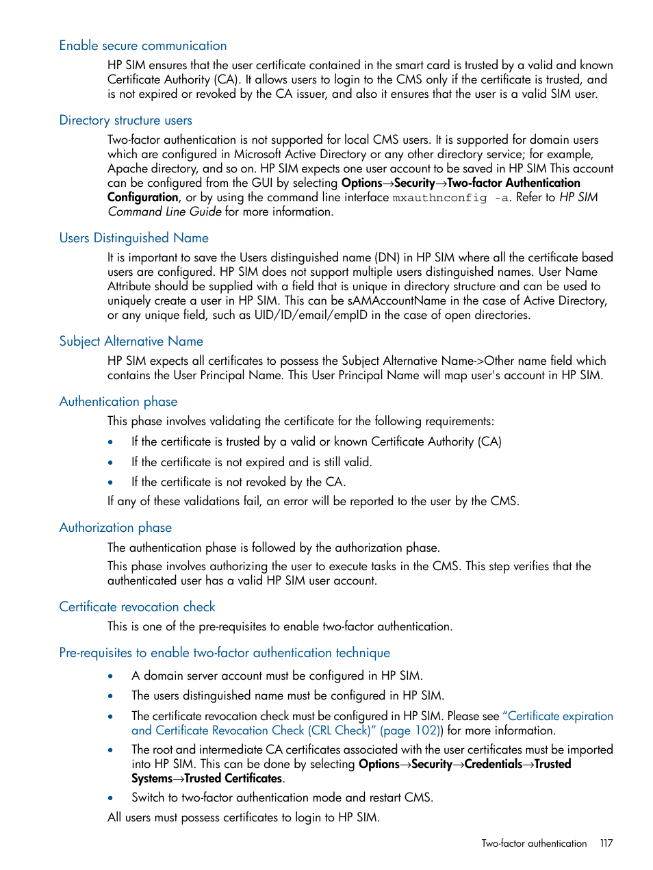 Enable secure communication, Directory structure users, Users distinguished name | Subject alternative name, Authentication phase, Authorization phase, Certificate revocation check | HP Systems Insight Manager User Manual | Page 117 / 254