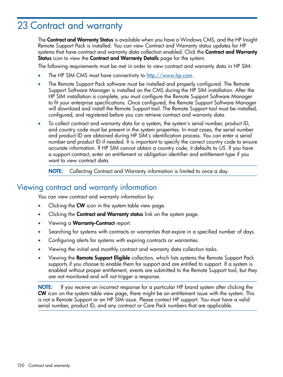 23 contract and warranty, Viewing contract and warranty information | HP Systems Insight Manager User Manual | Page 120 / 254