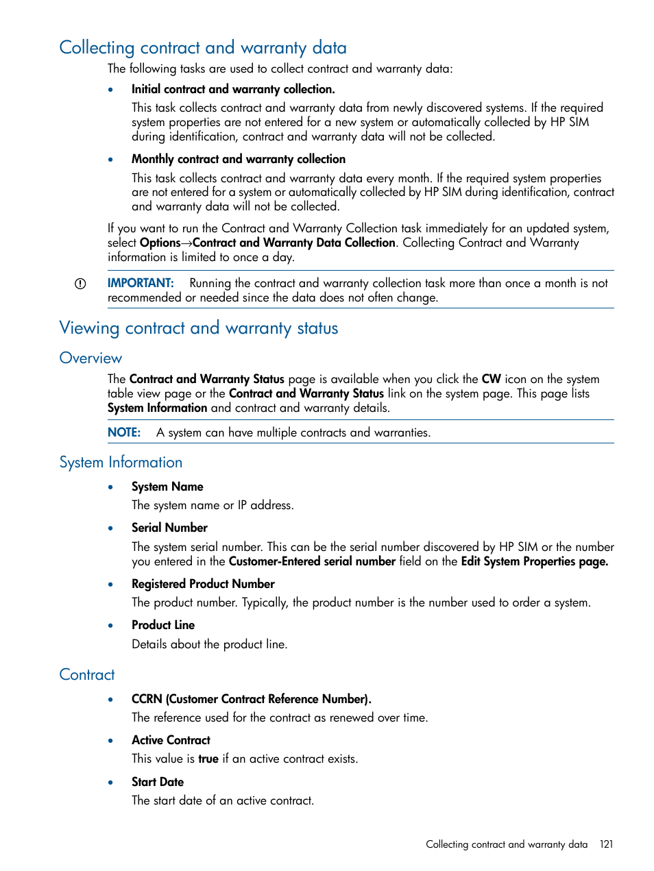 Collecting contract and warranty data, Viewing contract and warranty status, Overview | System information, Contract, Overview system information contract | HP Systems Insight Manager User Manual | Page 121 / 254