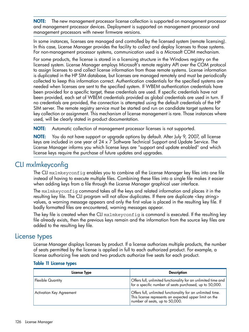 Cli mxlmkeyconfig, License types, Cli mxlmkeyconfig license types | HP Systems Insight Manager User Manual | Page 126 / 254