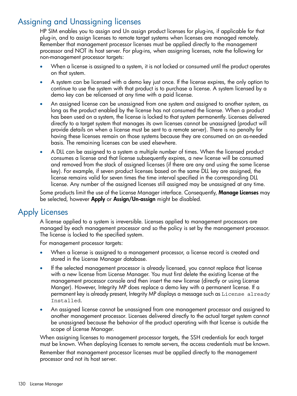 Assigning and unassigning licenses, Apply licenses, Assigning and unassigning licenses apply licenses | HP Systems Insight Manager User Manual | Page 130 / 254