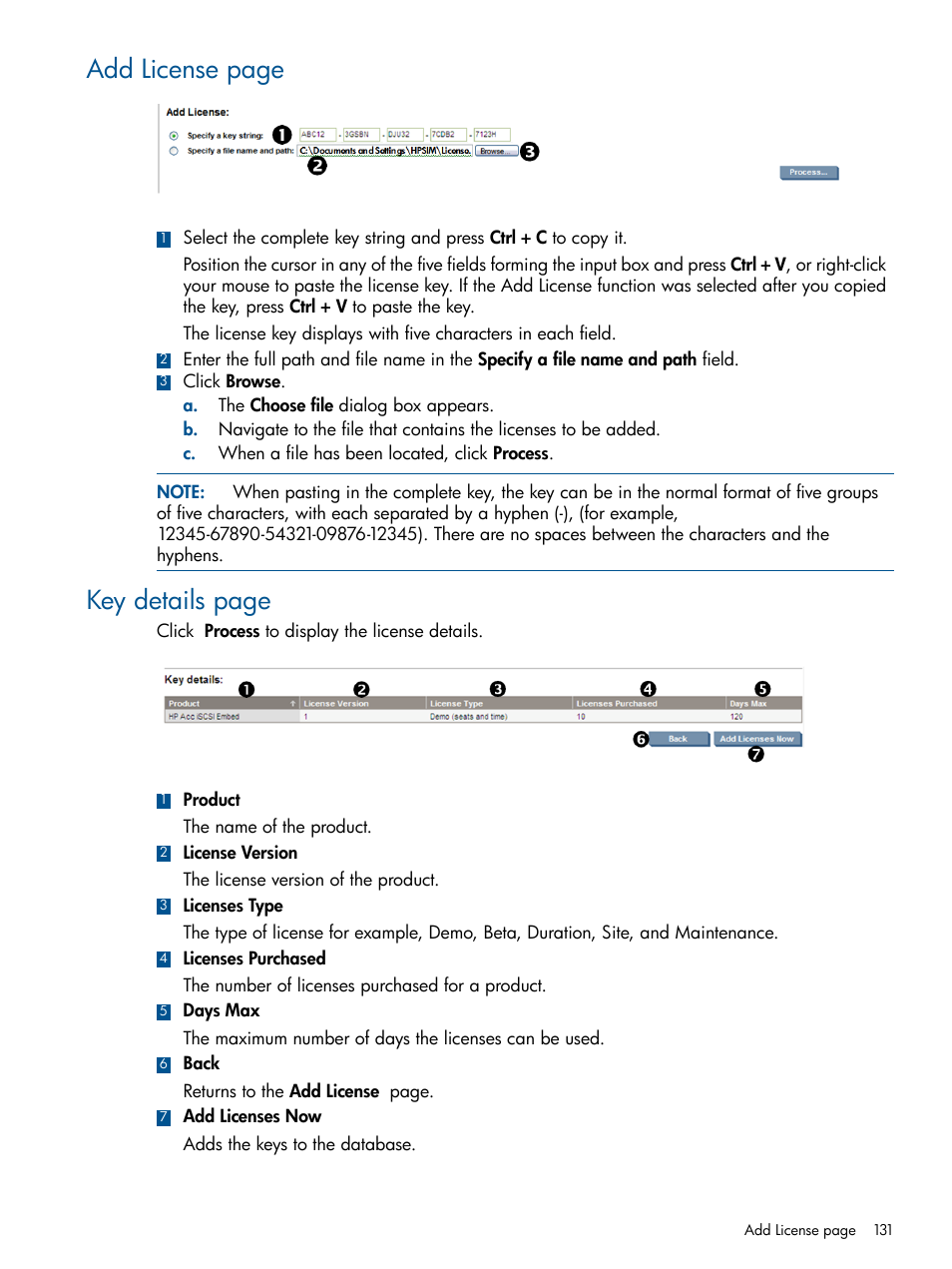 Add license page, Key details page | HP Systems Insight Manager User Manual | Page 131 / 254