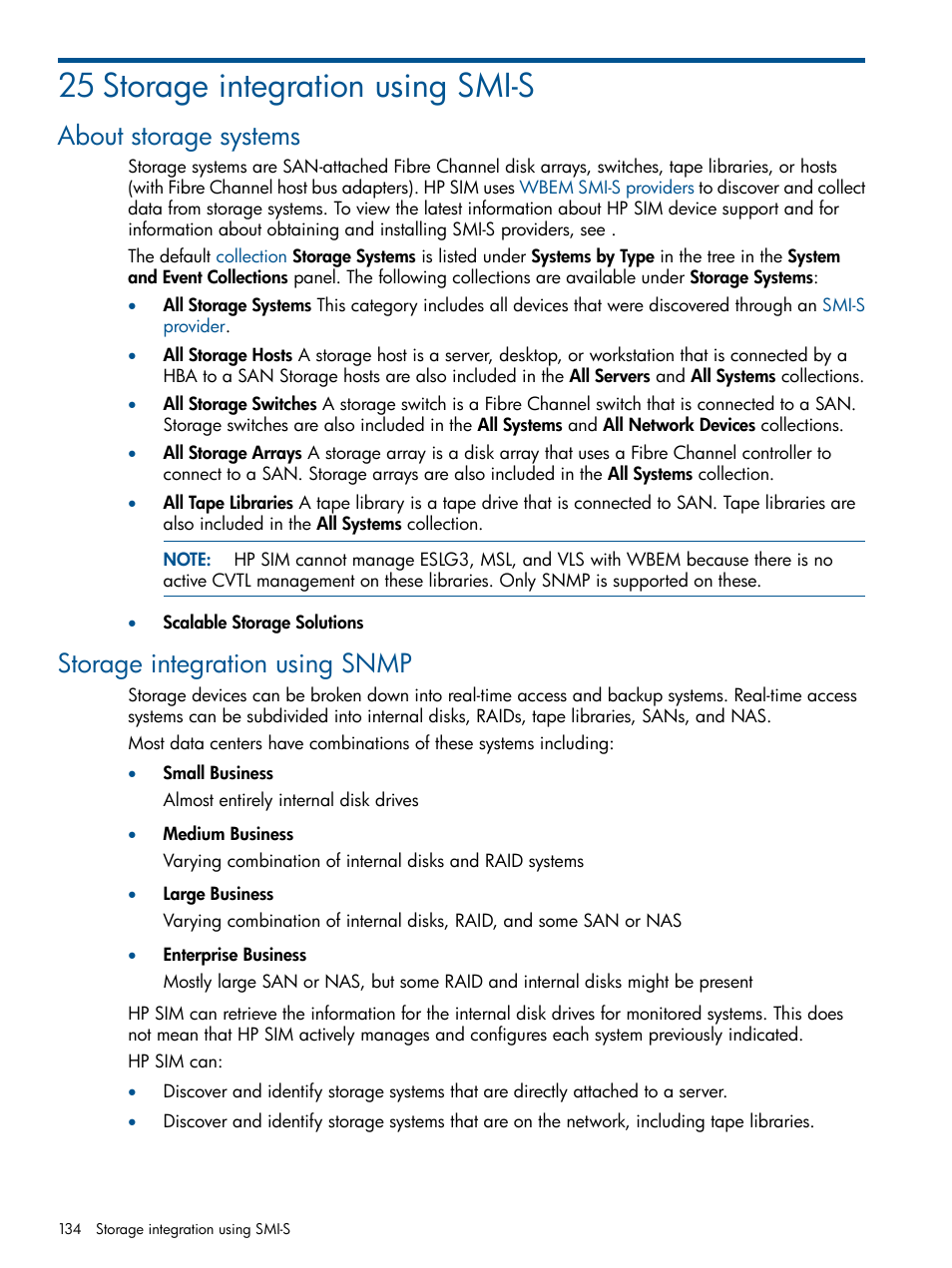 25 storage integration using smi-s, About storage systems, Storage integration using snmp | HP Systems Insight Manager User Manual | Page 134 / 254