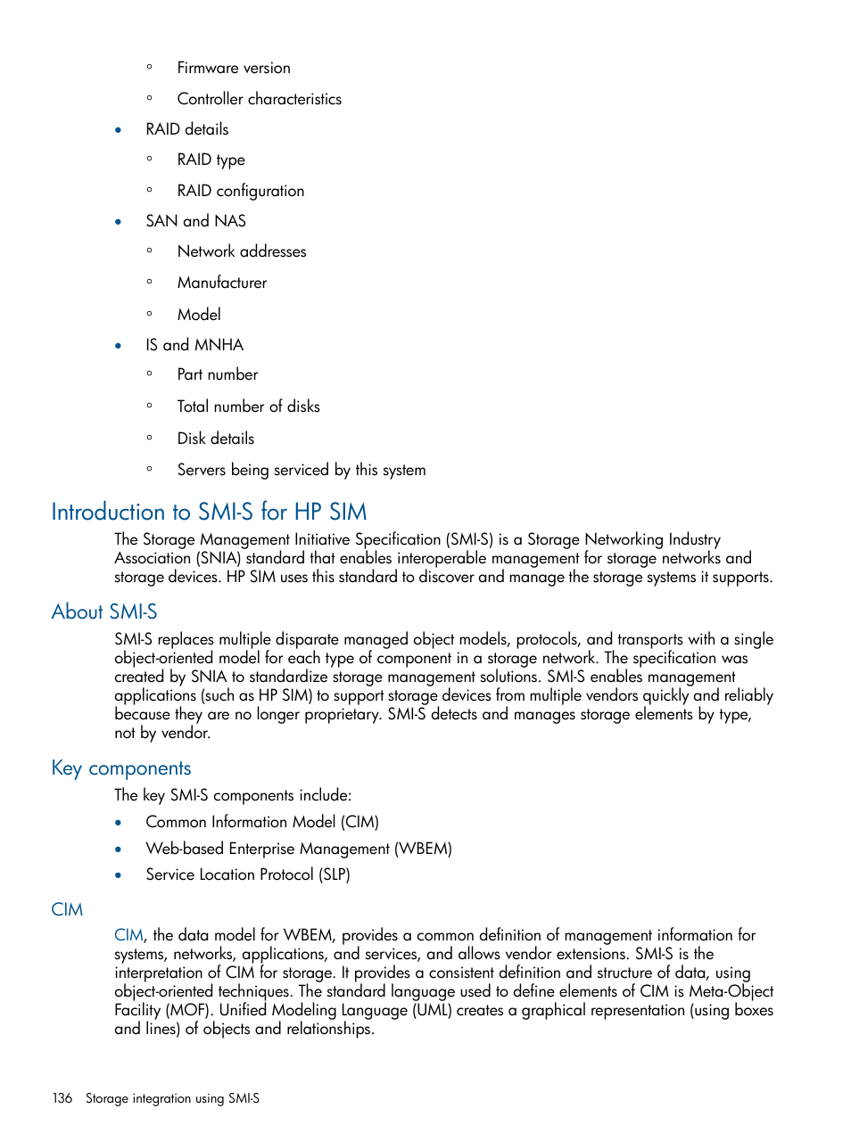 Introduction to smi-s for hp sim, About smi-s, Key components | About smi-s key components | HP Systems Insight Manager User Manual | Page 136 / 254