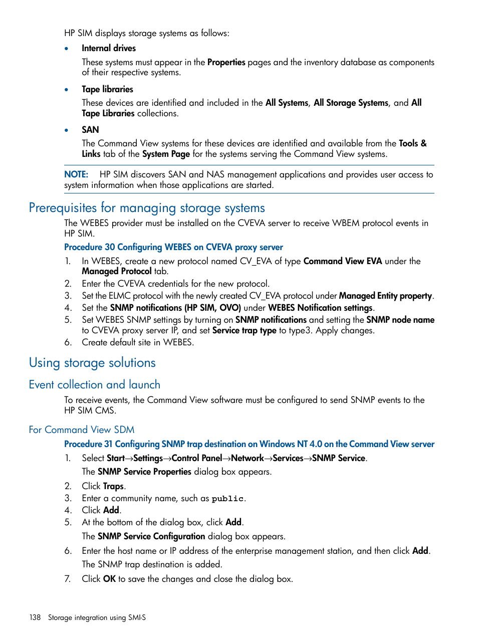 Prerequisites for managing storage systems, Using storage solutions, Event collection and launch | For command view sdm | HP Systems Insight Manager User Manual | Page 138 / 254