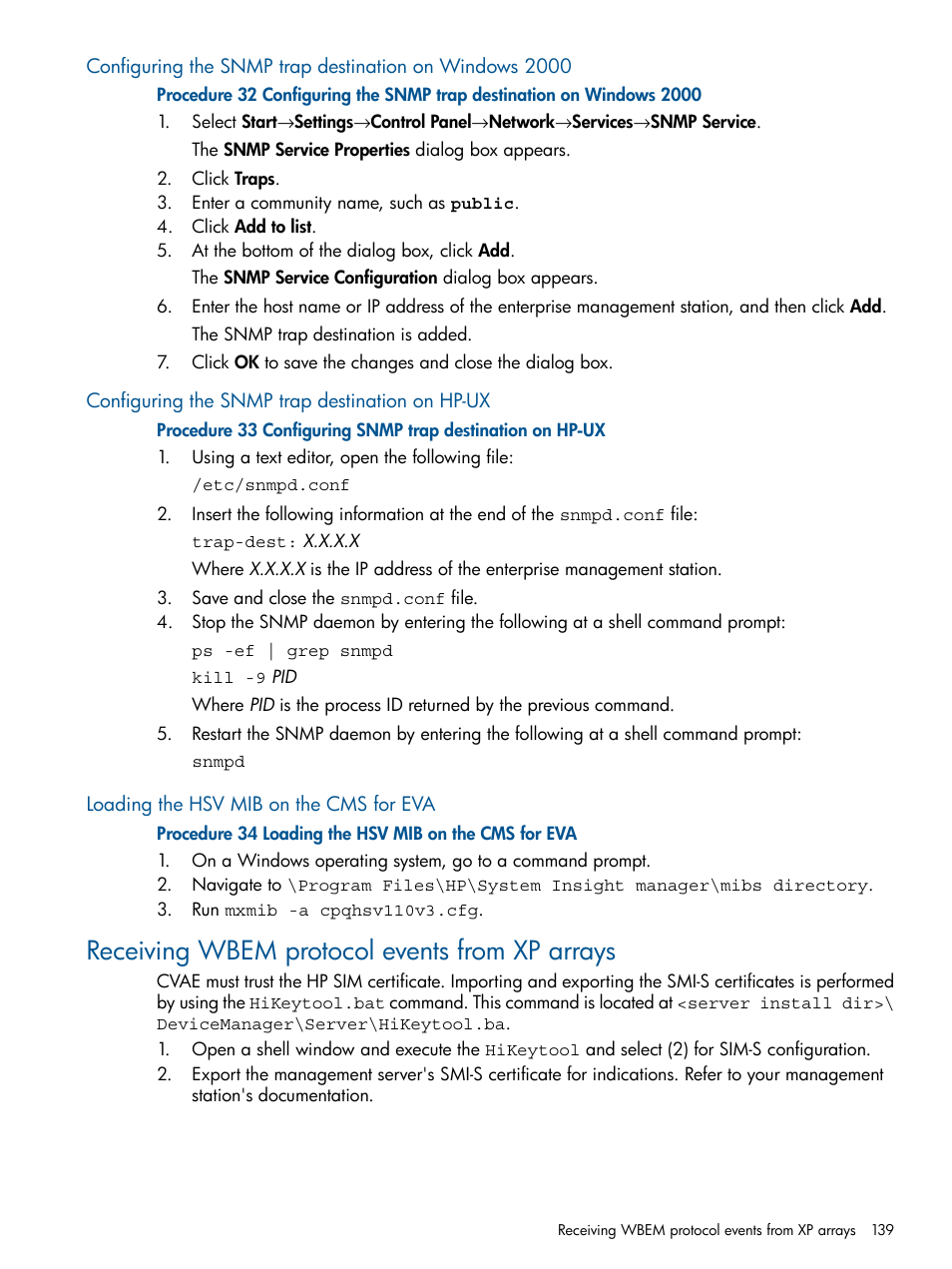 Configuring the snmp trap destination on hp-ux, Loading the hsv mib on the cms for eva, Receiving wbem protocol events from xp arrays | HP Systems Insight Manager User Manual | Page 139 / 254