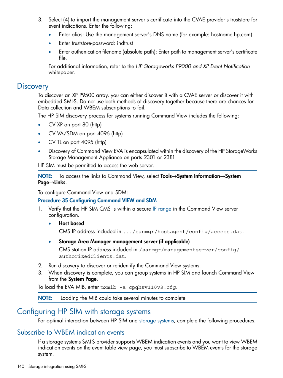 Discovery, Configuring hp sim with storage systems, Subscribe to wbem indication events | Discovery configuring hp sim with storage systems | HP Systems Insight Manager User Manual | Page 140 / 254