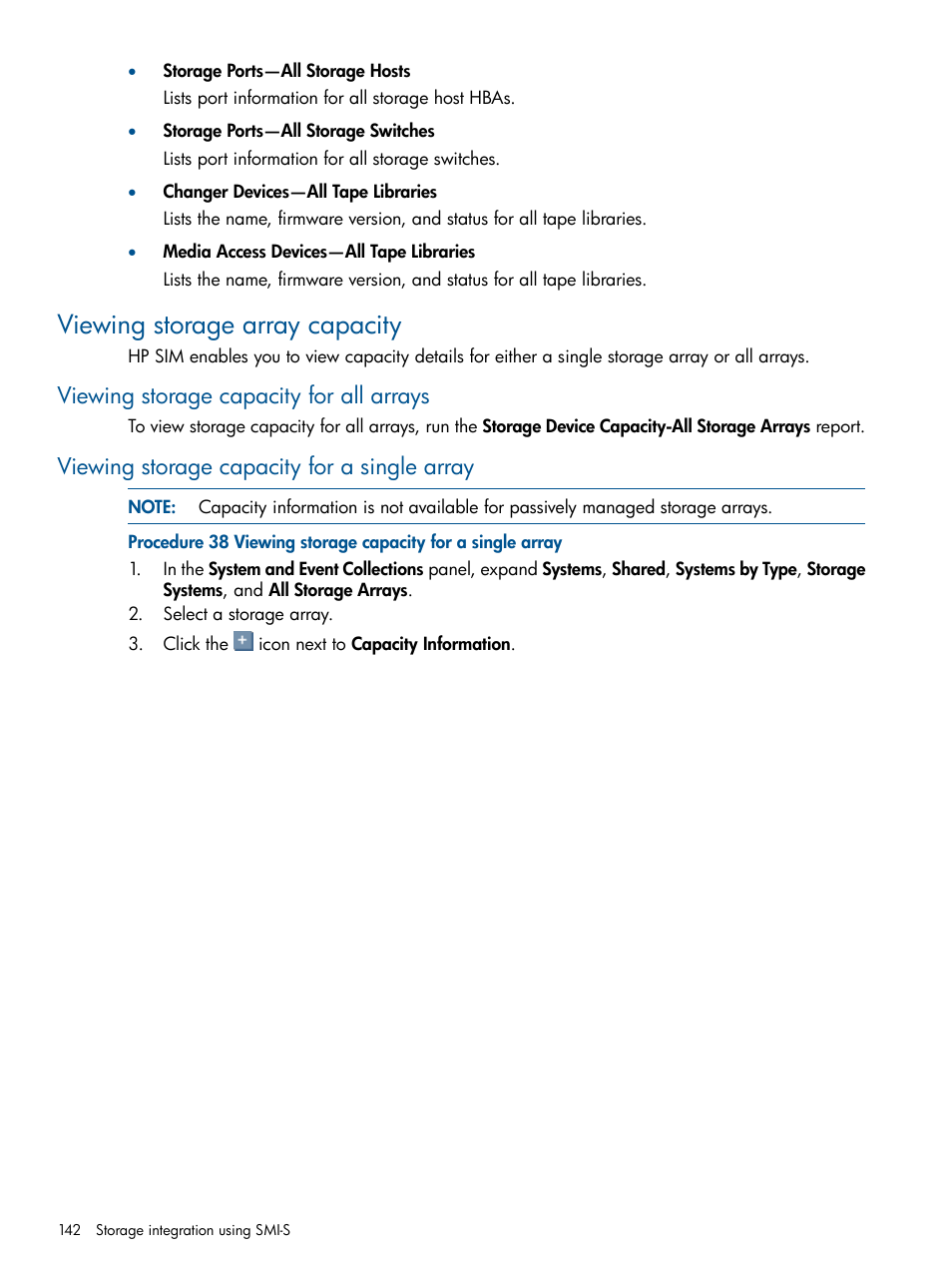 Viewing storage array capacity, Viewing storage capacity for all arrays, Viewing storage capacity for a single array | HP Systems Insight Manager User Manual | Page 142 / 254