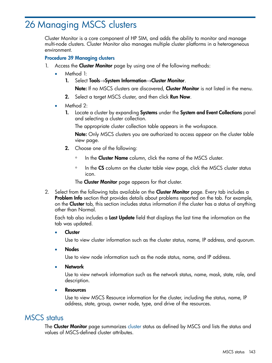 26 managing mscs clusters, Mscs status | HP Systems Insight Manager User Manual | Page 143 / 254